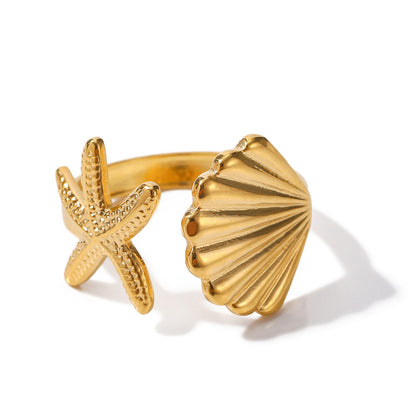 18K Gold Beach Vacation Seashell Starfish Ring