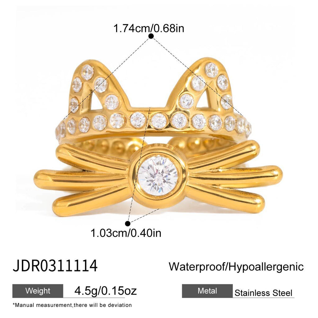 18K Gold Whiskered charm Pave Cat Tennis Stacking Ring