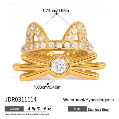 18K Gold Whiskered charm Pave Cat Tennis Stacking Ring