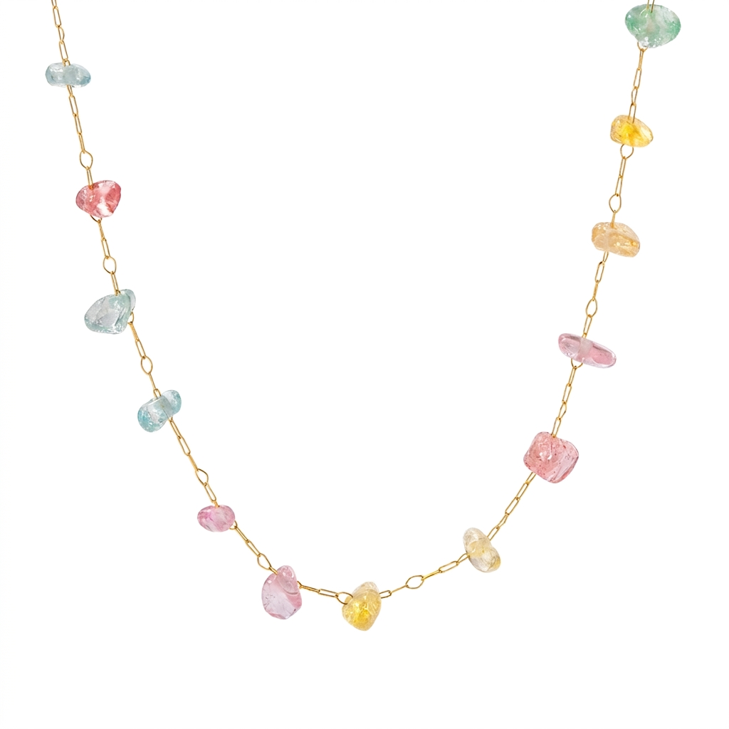 18K Gold Pastel Color Gemstone Beaded Necklace & Chain Bracelet Set