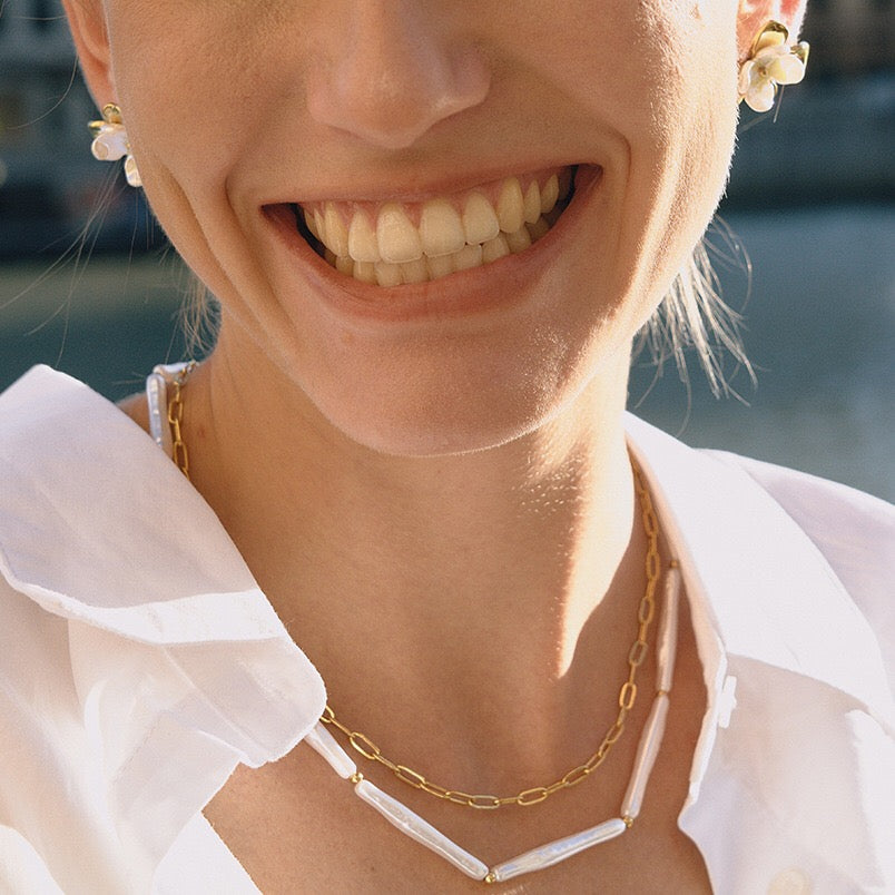 18K Gold Elegance Long Paper Clip Chain Layered Necklace Set