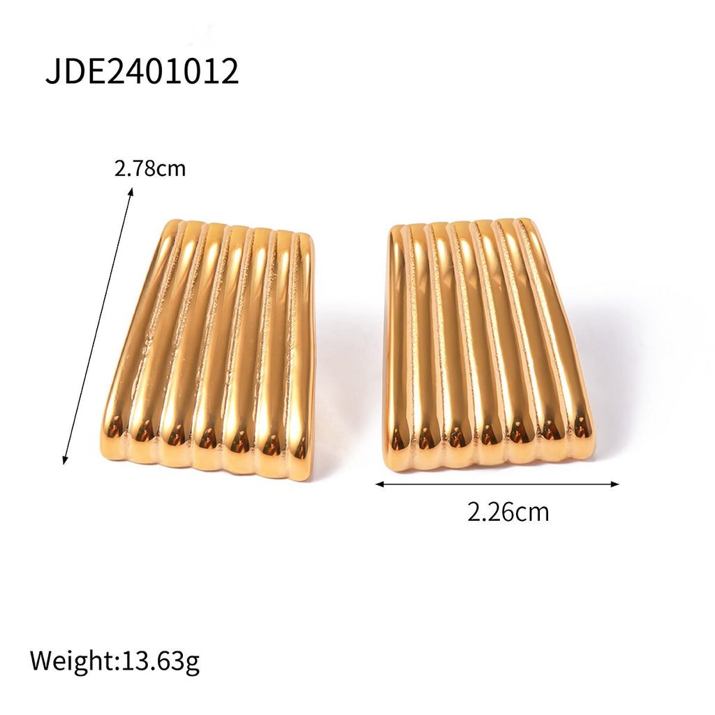 18K Gold Trendy Ribbed Plate Stud Earrings