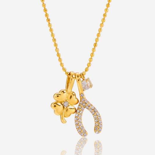 18K Gold Lucky You Clover Wishing Bone Dainty Charm Necklace