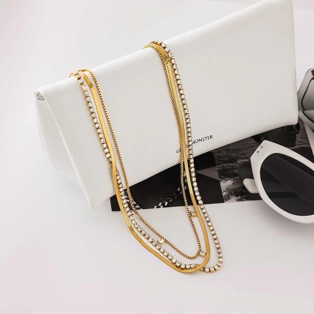 18K Gold Lavish Tennis Herringbone Snake Chain Dainty Layered Necklace Set