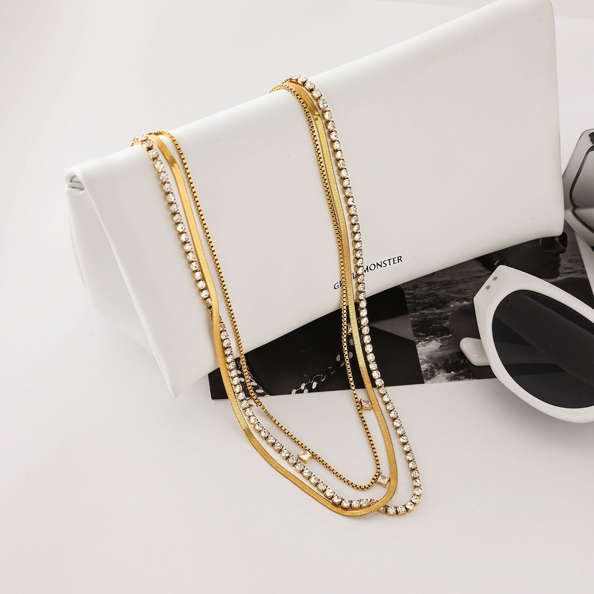 18K Gold Lavish Tennis Herringbone Snake Chain Dainty Layered Necklace Set