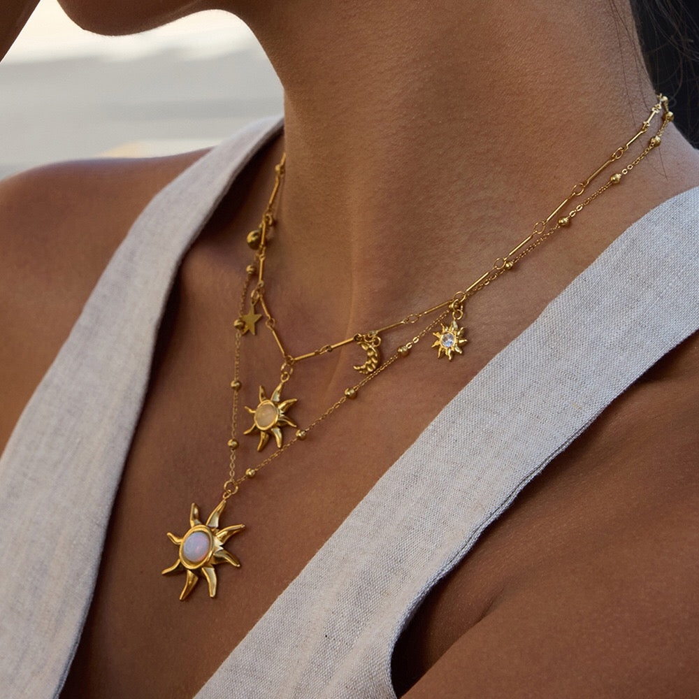 18K Gold Opal Forever Sun Pendant Statement Charm Necklace