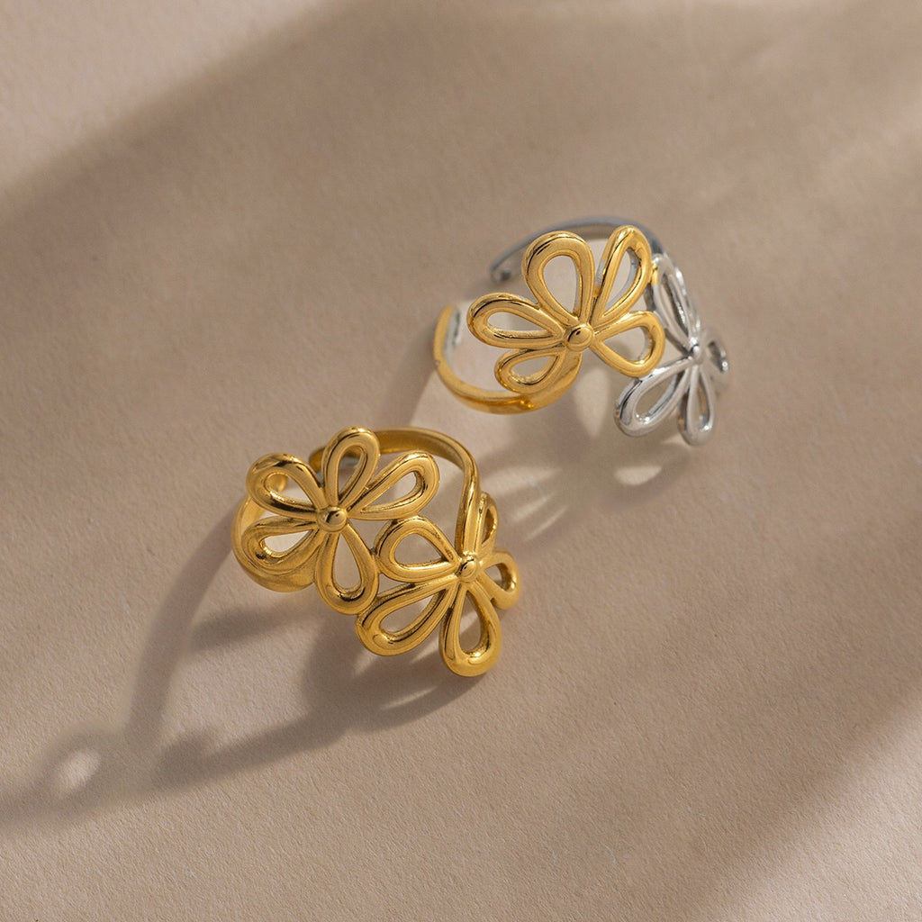 18K Gold and Silver Two Tone Floral Kiss Flower Wrap Around Ring