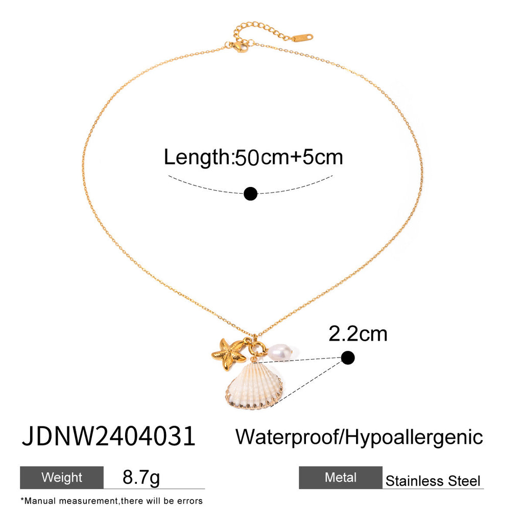 18K Gold Seashell Starfish Pearl Charm Long Necklace