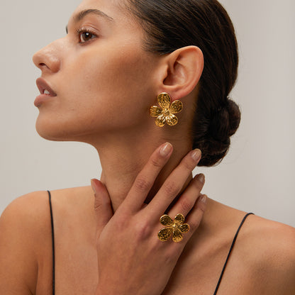 18K Gold Blooming Flower Statement Stud Earrings