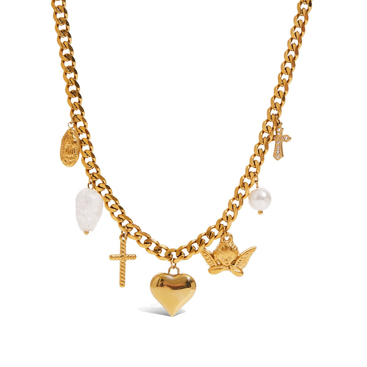 18K Gold Forbidden Cross Pearl Pendant Statement Layered Necklace Set