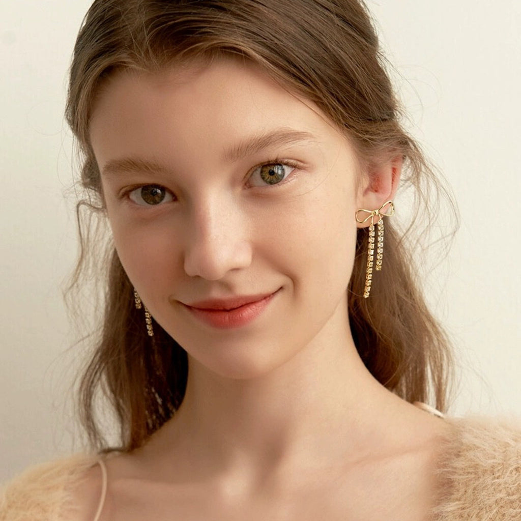 18K Gold Bling Bow Dangle Drop Earrings