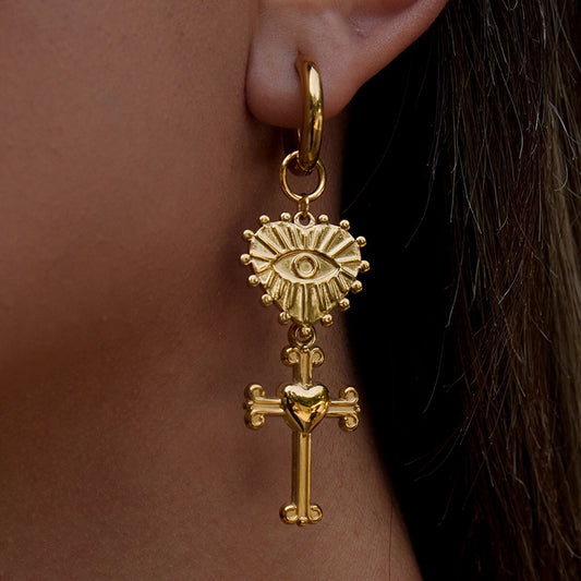 18K Gold Tempt Heart Cross Dangle Huggie Earrings with Charm