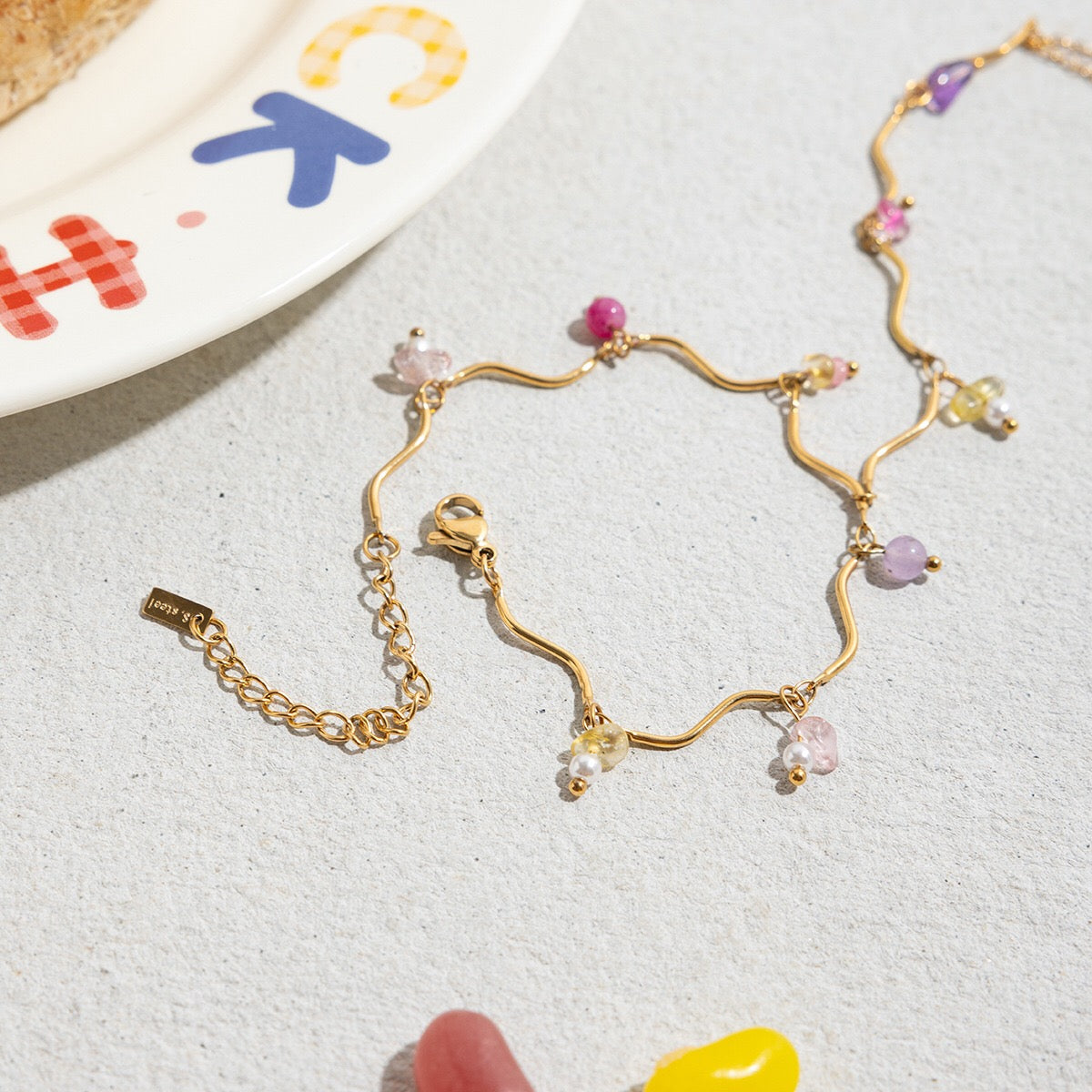 18K Gold Waterproof Pastel Gemstone Delicate Wavy Hand Chain Bracelet