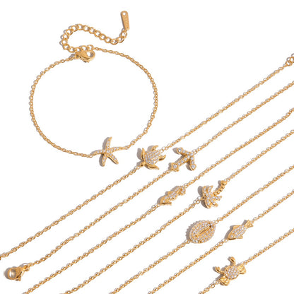 18K Gold Ocean Sparkle Seashell Palm Tree Dainty Pave Pendant Necklace Jewelry Set