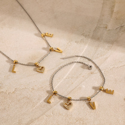 18K Gold Two Tone LOVE Pendant Heart Bracelet