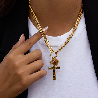 18K Gold Faith Divine Cross Heart Starburst Charm Cuban Link Chain Necklace