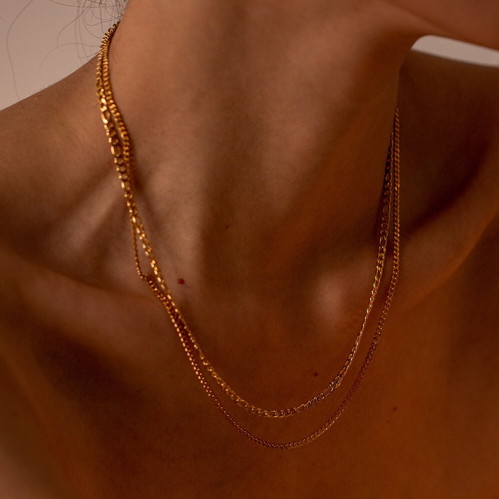 18K Gold Figaro Chain Double Layered Necklace