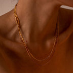 18K Gold Figaro Chain Double Layered Necklace