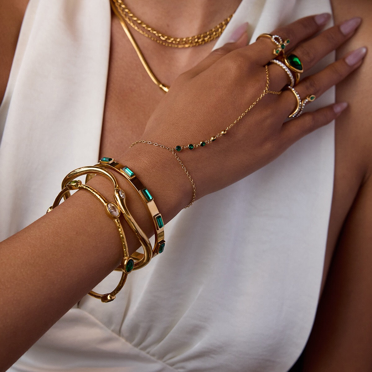 18K Gold Emerald Heiress Cross Snake Statement CZ Cocktail Ring