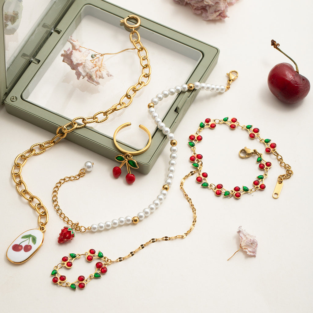 18K Gold Waterproof Red Cherry Trendy Hand Jewelry Chain Bracelet