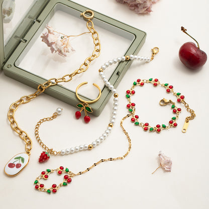 18K Gold Waterproof Red Cherry Trendy Hand Jewelry Chain Bracelet