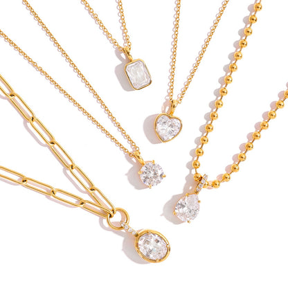18K Gold Minimal Glow CZ Pendant Paperclip Beaded Chain Layered Necklace Set