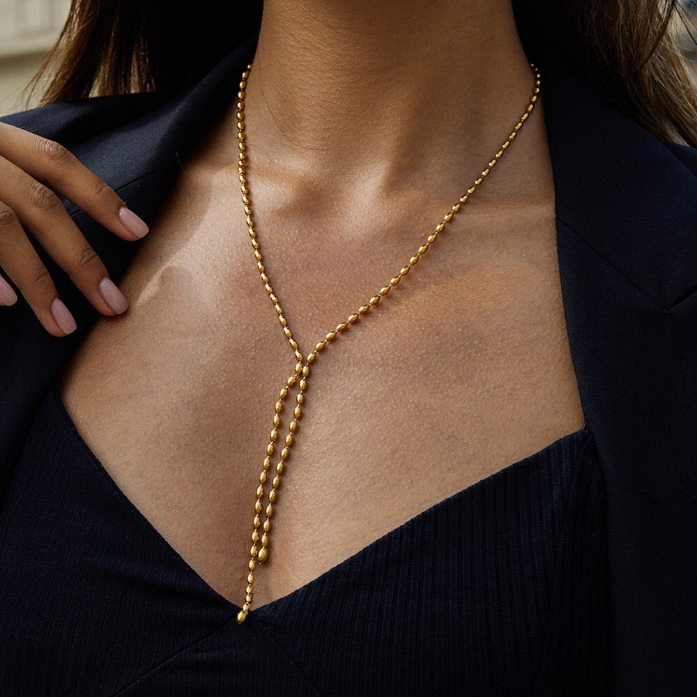 18K Gold Gala Beaded Y Shape Lariat Chain Necklace