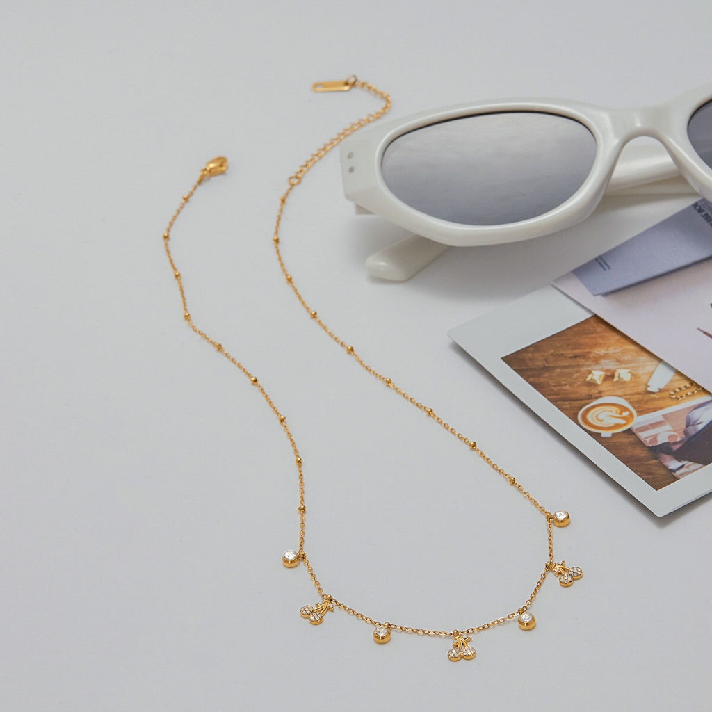 18K Gold Cherry Sprinkled Bling Dainty Necklace