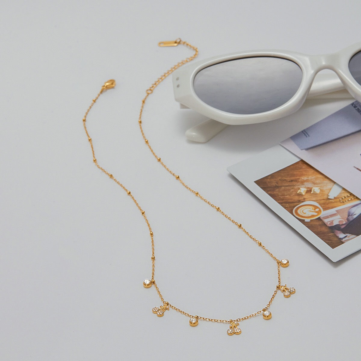 18K Gold Cherry Sprinkled Bling Dainty Necklace