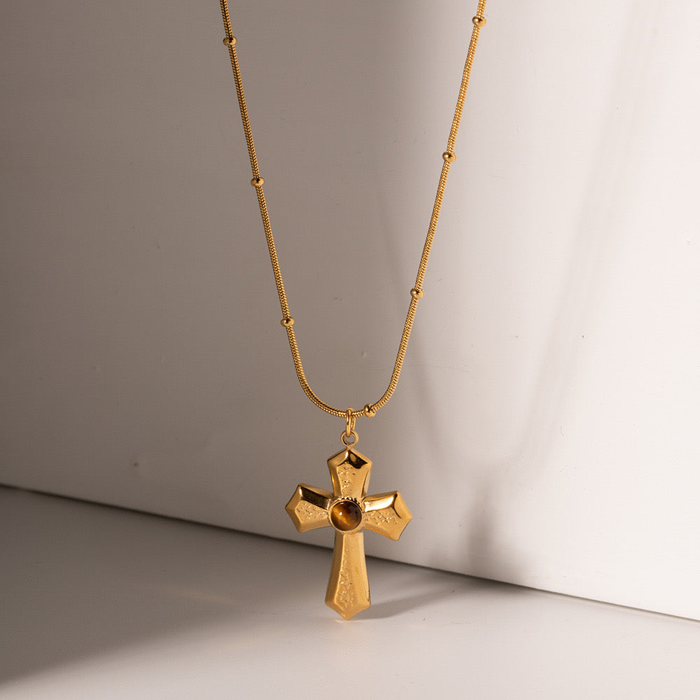 18K Gold Tiger Eye Cross Pendant Necklace