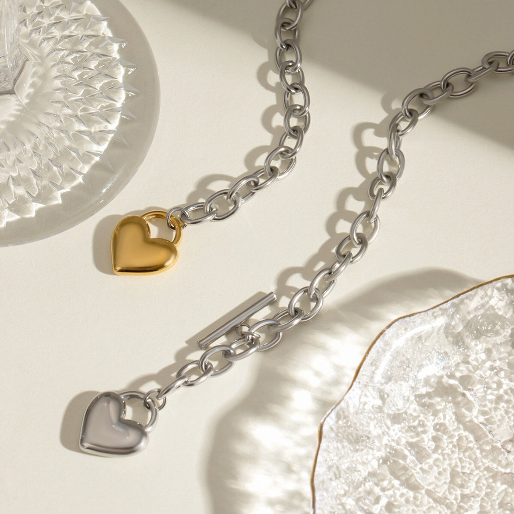 18K Gold and Silver Two Tone Love Locked Heart Cable Chain Toggle Necklace