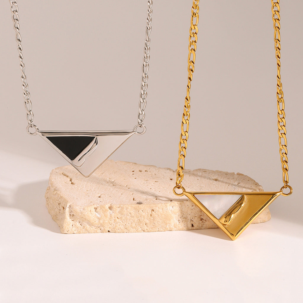 18K Gold Mother of Pearl Triangle Pendant Figaro Chain Necklace