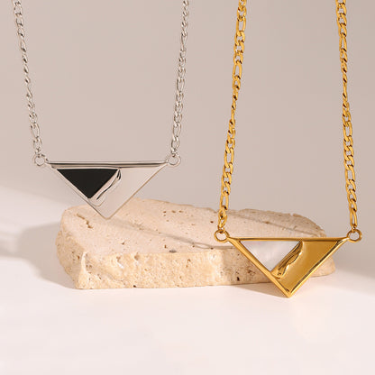 18K Gold Mother of Pearl Triangle Pendant Figaro Chain Necklace