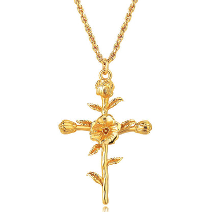 18K Gold Birth Flower Cross Pendant Necklace