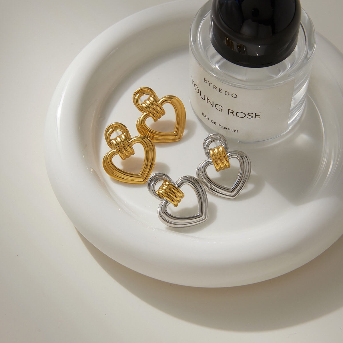 18K Gold Abstract Love Geometric Heart Statement Stud Earrings