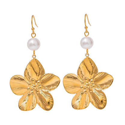 18K Gold Tropical Flower Pearl Dangle Earrings