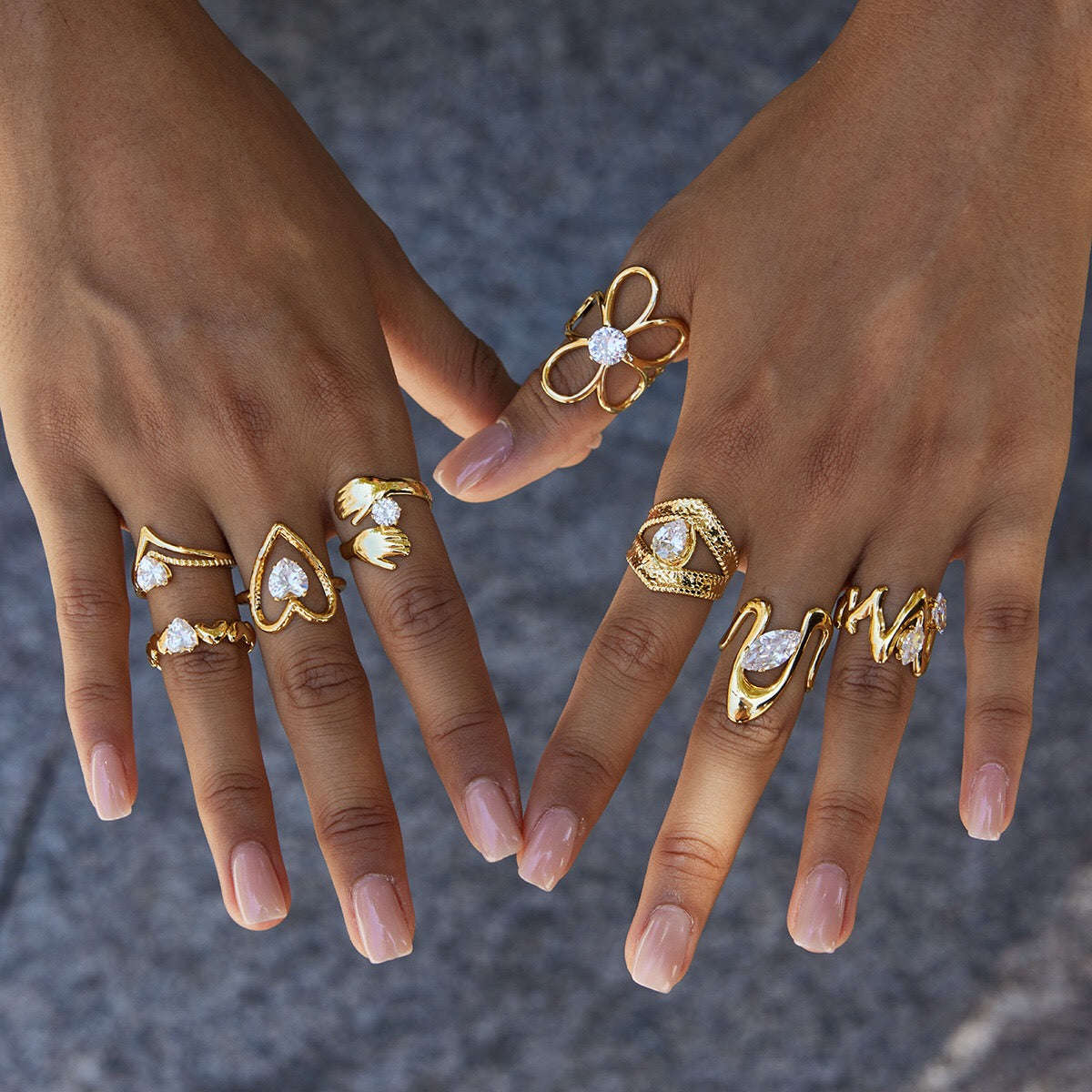 18K Gold Daily Glam Flower Heart CZ Statement Rings Set