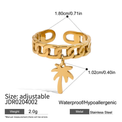 18K Gold Heart Palm Tree Charm Chain Band Ring