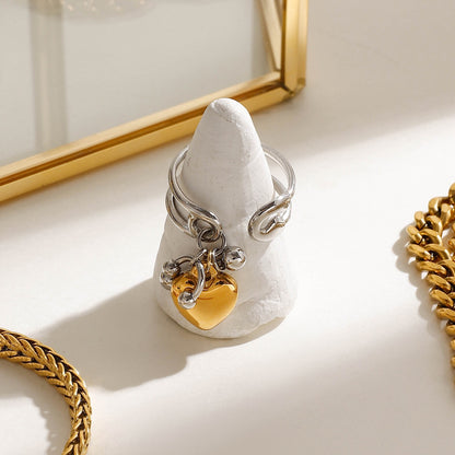 18K Gold and Silver Two Tone Safety Pin Band Heart Charm Ring