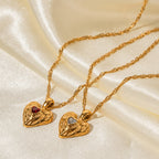 18K Gold Bejeweled Heart Pendant Statement Necklace