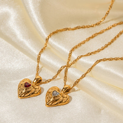 18K Gold Bejeweled Heart Pendant Statement Necklace