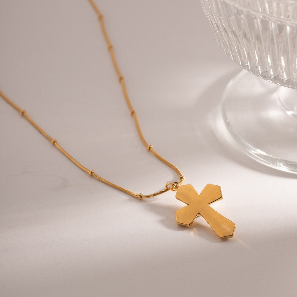 18K Gold Tiger Eye Cross Pendant Necklace