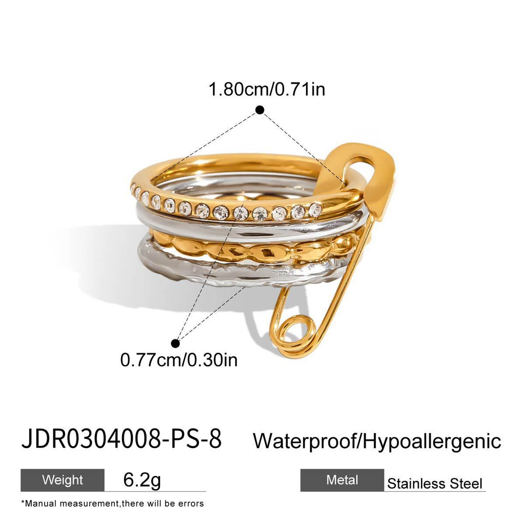 18K Gold and Silver Two Tone Safety Pin Spinelli Connected Multi Layers Stacking Ring