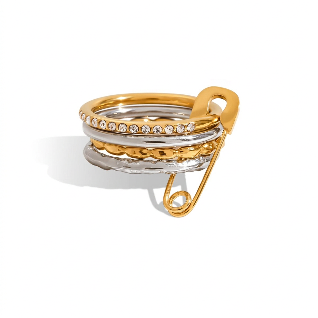 18K Gold and Silver Two Tone Safety Pin Spinelli Connected Multi Layers Stacking Ring