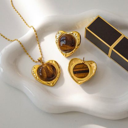 18K Gold Amber Kiss Tiger Eye Gemstone Heart Pendant Necklace