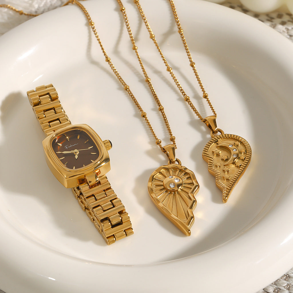 18K Gold Moon And Sun Heart Couple Necklace