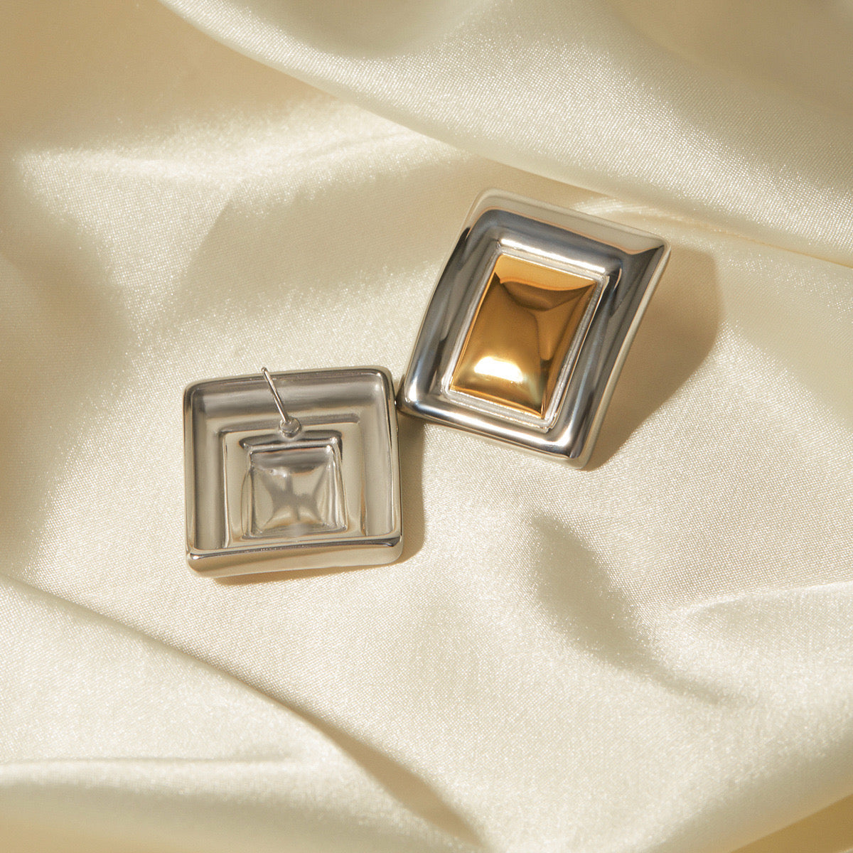 18K Gold Two Tone Plate Statement Stud Earrings
