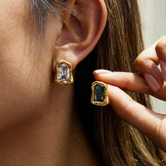 18K Gold Liquid Form Statement CZ Stud Earrings
