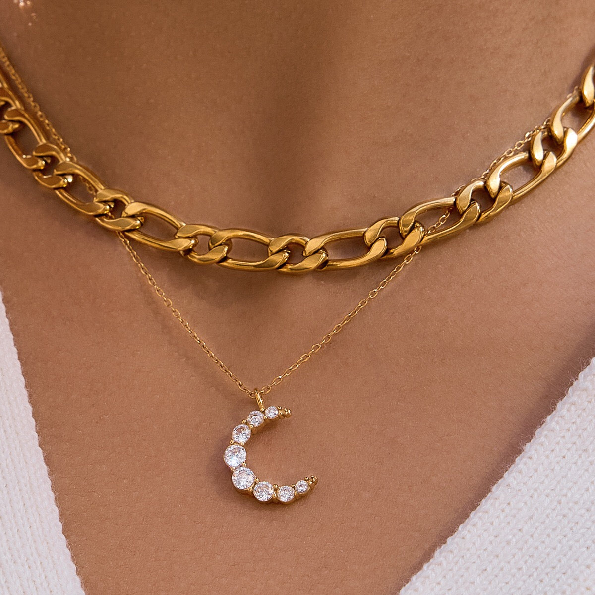 18K Gold Luna Pave Moon Dainty Pendant Necklace