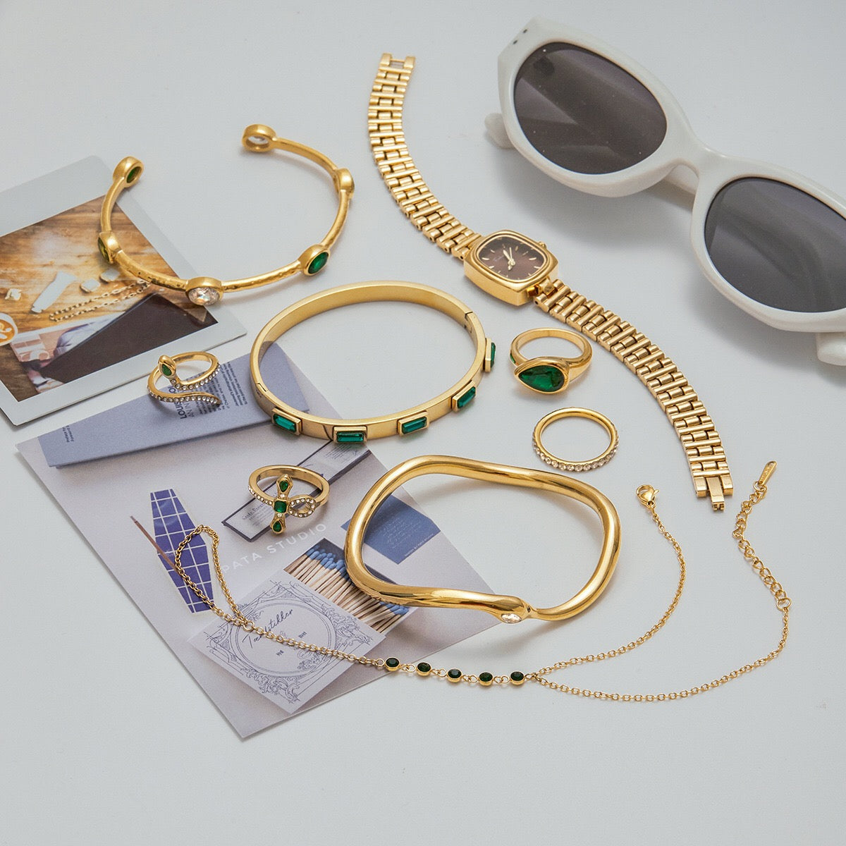 18K Gold Emerald Heiress Cross Snake Statement CZ Cocktail Ring